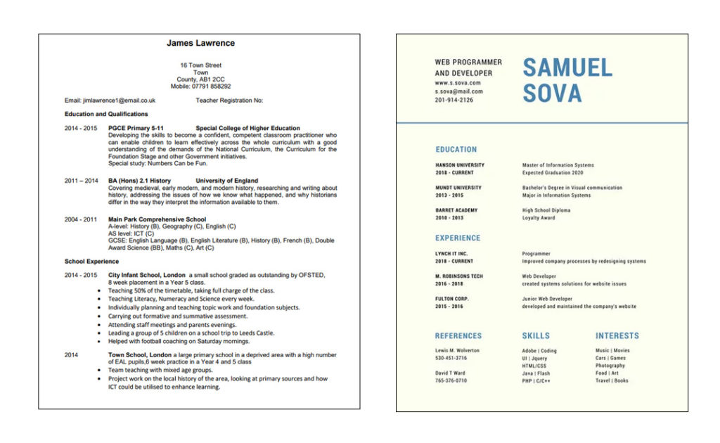 Image comparing Traditional vs Modern CV design