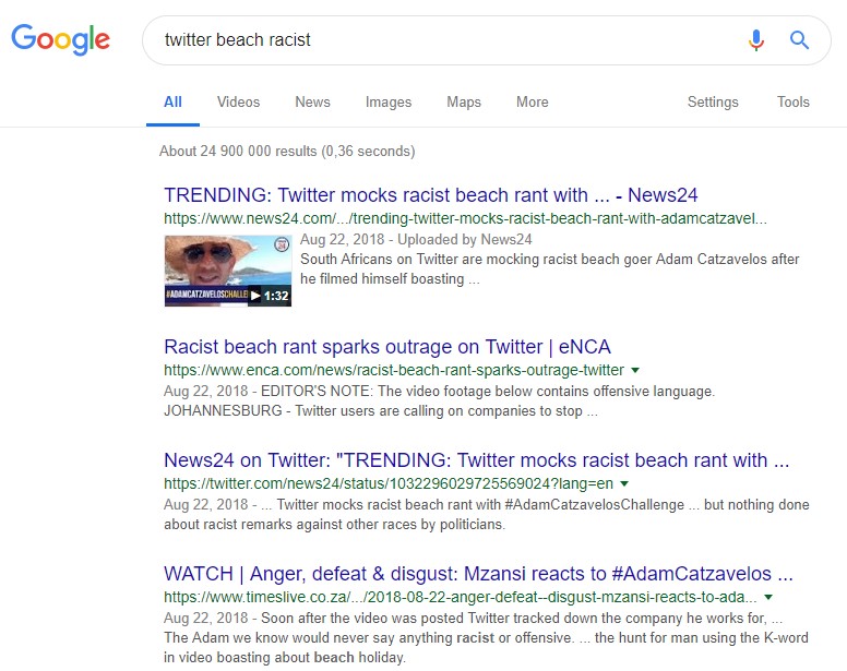 Image of a google search of "twitter beach racist"