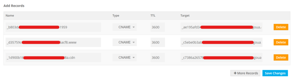 Image showing the DNS records for ACM certificate validation.