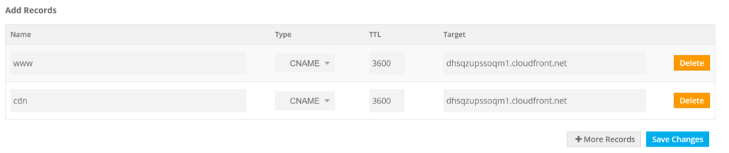 Image showing the CNAME DNS records for www and cdn that point to the cloudfront distribution.