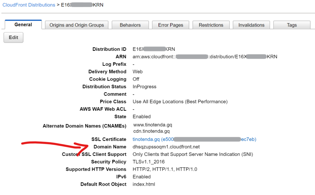 Image showing the distribution settings for the website's cloudfront distribution.