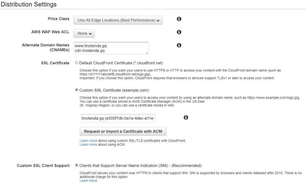 Image showing the CNAME and SSL certficate section in the Distribution settings.