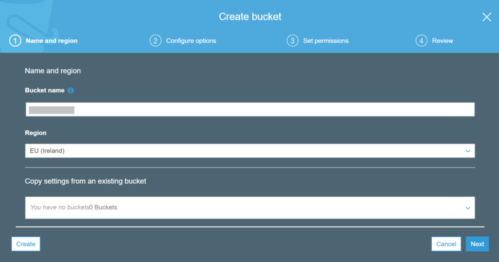 Image showing creation of S3 bucket in console.