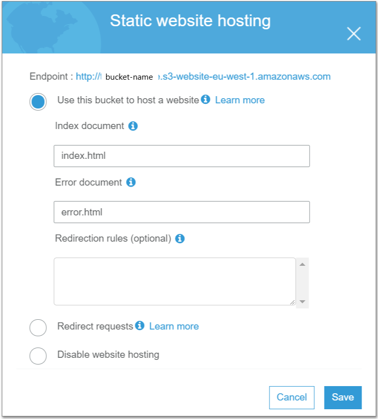 Image showing configuration for static web hosting.