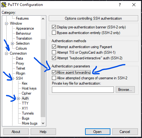 Putty SSH enable agent forwarding.