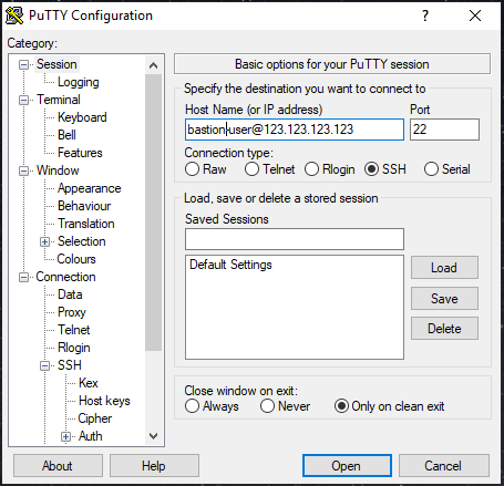 Putty SSH connection parameters